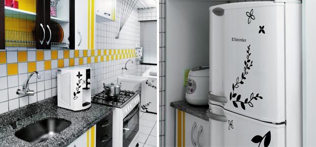 Cozinha amarela decorada com adesivo vinílico