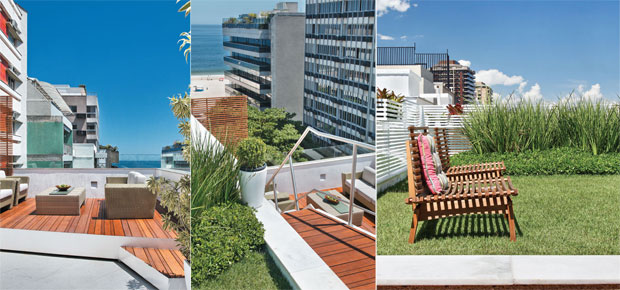 Terraço do dúplex no Rio tem gramado e vista para o mar