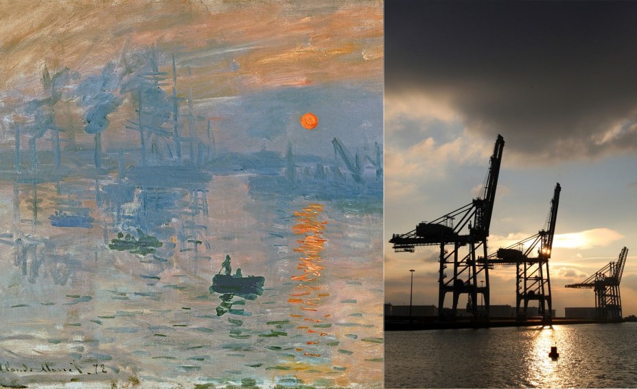 <strong>Impressão, nascer do sol por Claude Monet (Le Havre, França).</strong> A obra inaugural do Impressionismo retrata o porto de Le Havre, no norte da França. A crítica de Louis Leroy deu nome à vanguarda: "Impressão, eu estava certa disso. Eu estava apenas dizendo a mim mesma que, desde que fiquei impressionado, tinha que haver alguma impressão nele – e que liberdade, que facilidade de fabricação!".