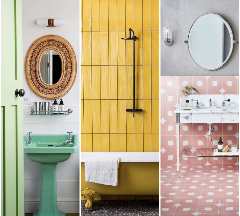Montagem com três banheiros coloridos