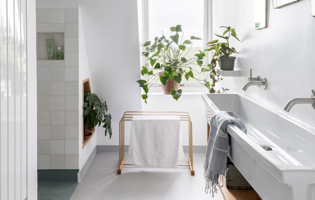 banheiro branco com vasos de plantas