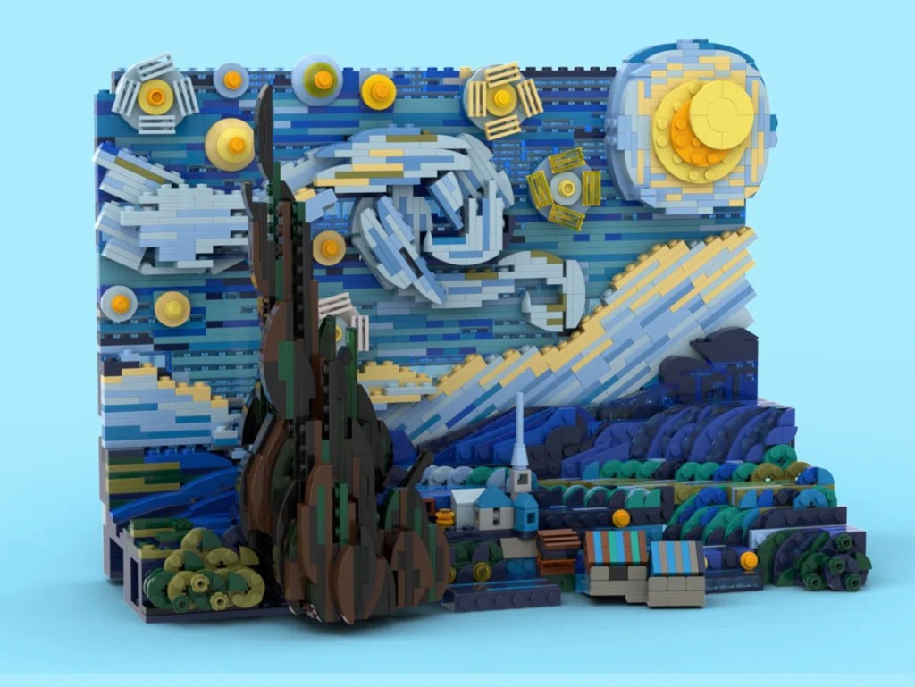 Obra de lego recriando o quadro Noite Estrelada, de Van Gogh