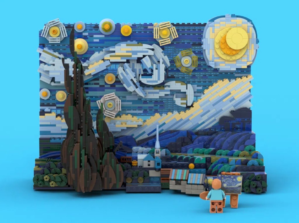 Obra de lego recriando o quadro Noite Estrelada, de Van Gogh. Na frente, a miniatura Lego de Van Gogh com a miniatura da pintura