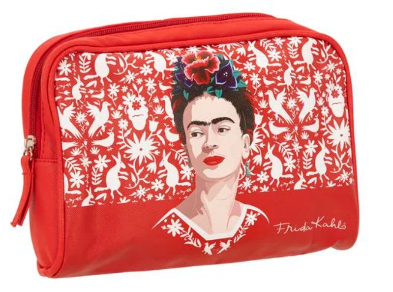 Necessaire vermelha com desenho de Frida usando um vestido vermelho com flores na cabeça