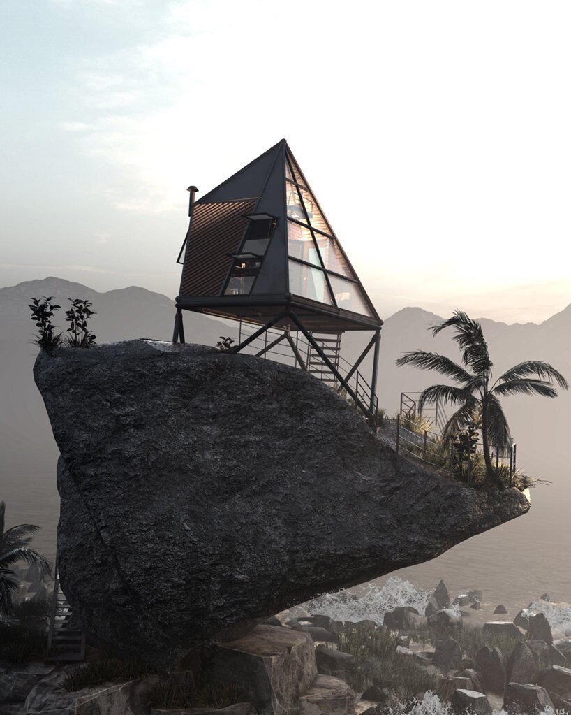 Casa em formato triangular, contruída sobre uma rocha de frente para o mar, elevada com acesso por escadas de metal