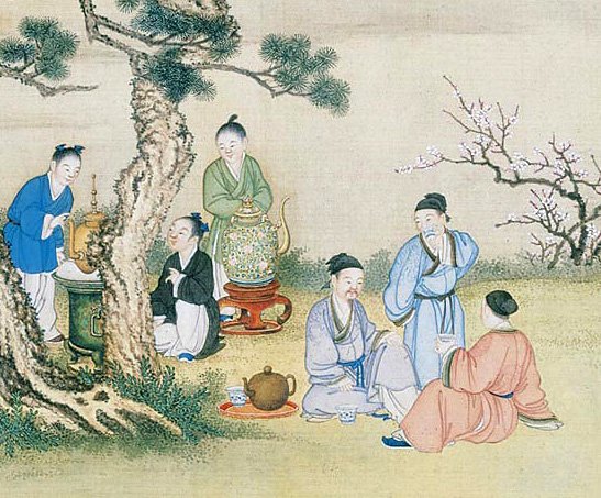 Imagem história com pessoas na China fazendo e consumindo chá em um espaço aberto