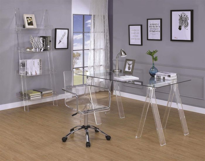 Escritório com mesa, cadeira e prateleiras de acrílico incolor