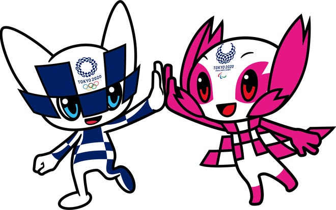 Mascotes das olimpíadas de Tóquio fazendo um "toca aqui"