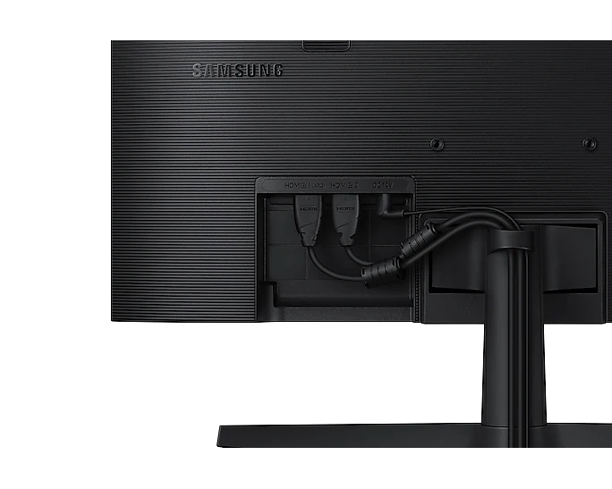 Parte de trás do monitor Samsung M5 24. Dois cabos HDMI e um cabo de força estão conectados a ele.