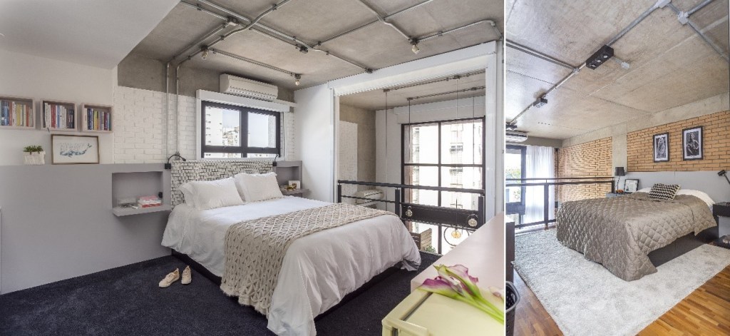Foto mostra dois quartos de casal com tubulação elétrica aparente, no mesmo estilo da decoração em estilo industrial.
