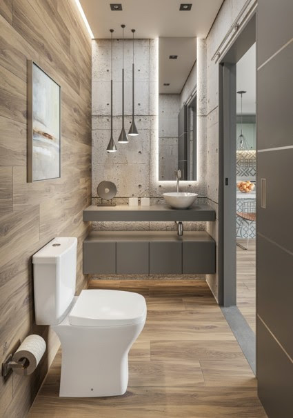 Banheiro revestido em madeira