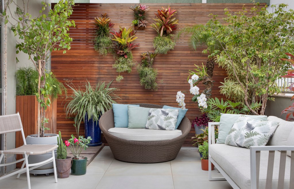 Área externa; jardim; jardim vertical; sofá redondo; sofá; plantas; folhagens; orquídeas