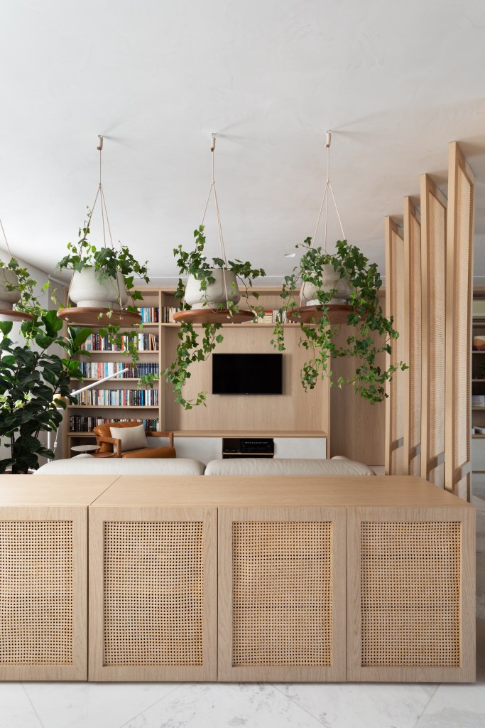 Sala de tv com painel de madeira, sofá claro e plantas suspensas.
