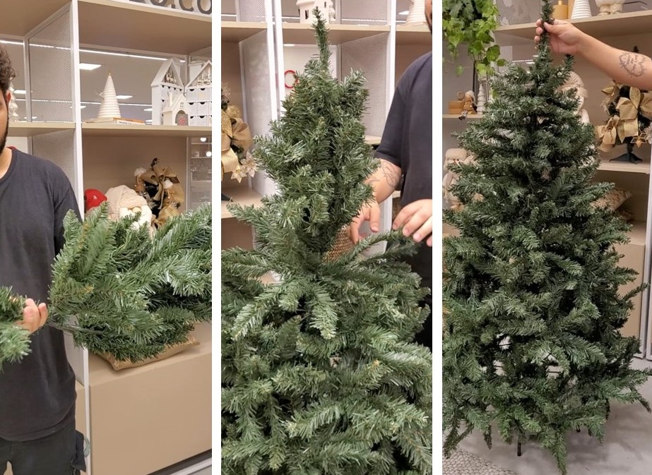 Passo a passo para montar uma Árvore de Natal igual às do shopping. Na foto, árvore de natal com os galhos sendo abertos.